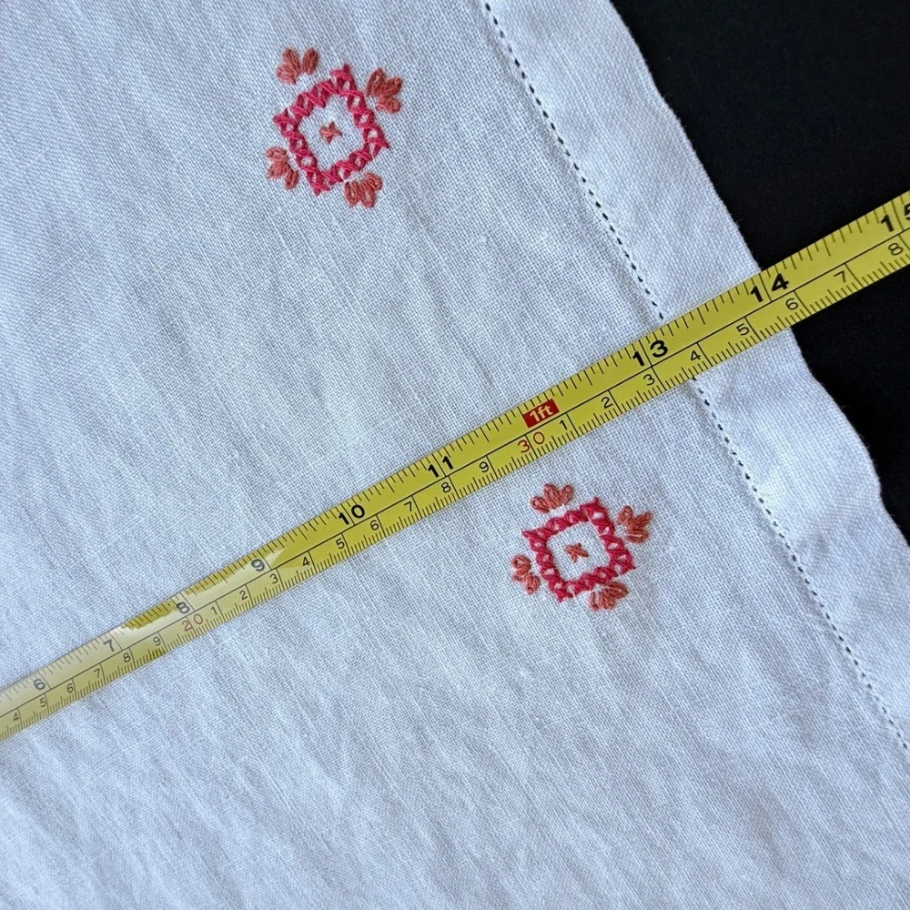 Vintage Hand Embroidered Linen Table Runner Red Cross Stitch Floral 36 Inch